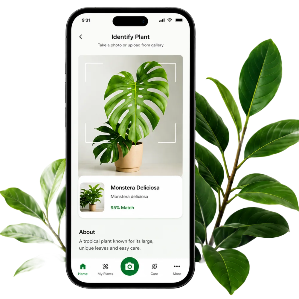 Plantiqa plant identifier scanning a Monstera plant and showing a 95 percent match